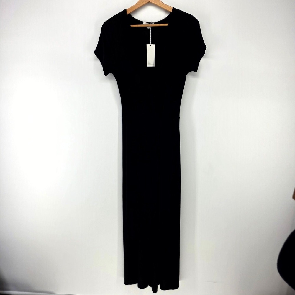 Skin Jumpsuit Womens 1 Black Ribbed Short Sleeve Surplice Wrap Wide Leg Lounge